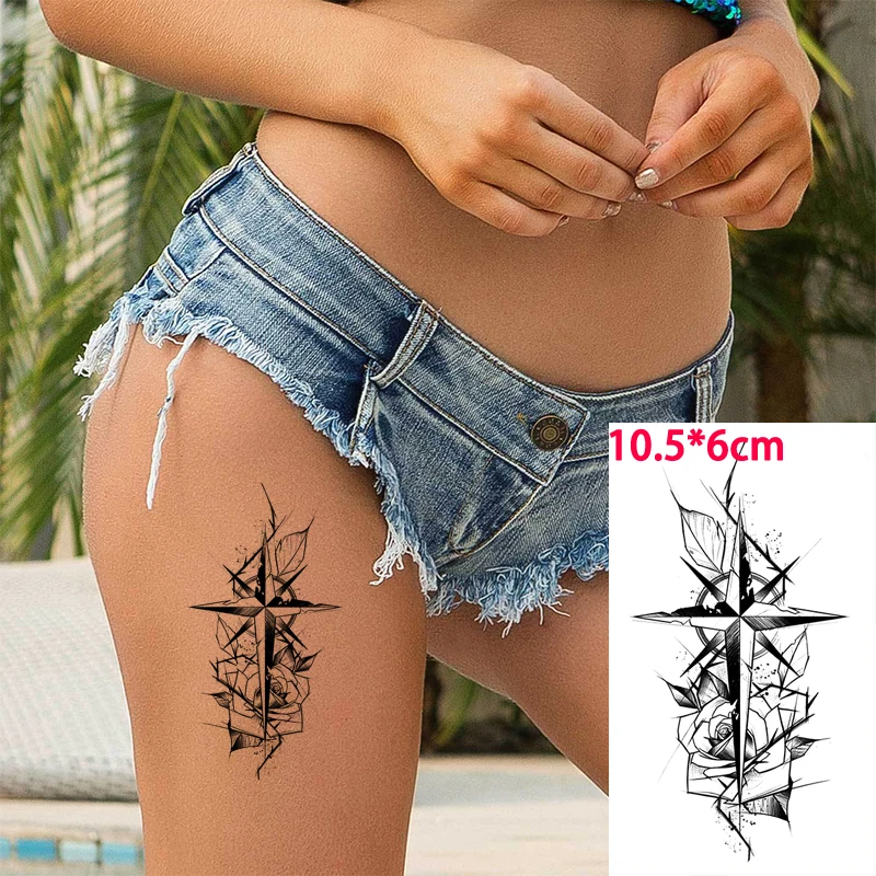 

Sketch Rose Waterproof Temporary Tattoo Sticker Compass Cross Anchor Rudder Moon Girls Body Art Fake Tatto Flash Tatoo Women Men