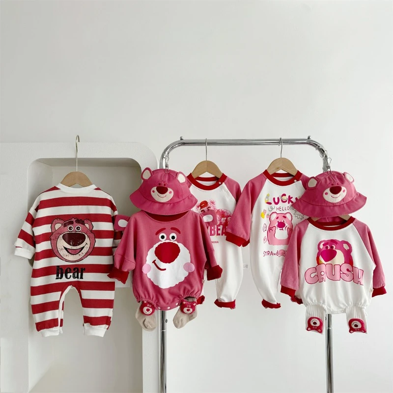 Rose Pink Bear Collection Baby Girl Boy Spring Summer Round Collar Bodysuit/Long Sleeves Romper Newborn Jumpsuit K4306