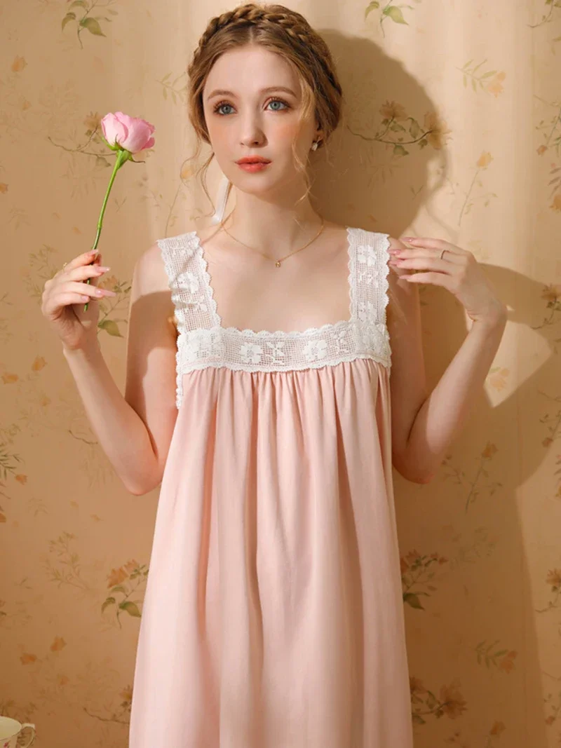 Women Summer Victorian Nightgowns Ruffles Sleeveless Cotton Lace Hollow Out Nightdress Sweet Vintage Princess Sexy Sleepwear