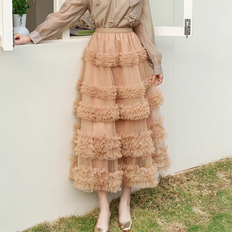 Heavy Industry Tierred Ruffles Skirt Women 2025 New Elastic High Waist A-Line Skirt with Liner Sweet Long Cake Skirt Trendy