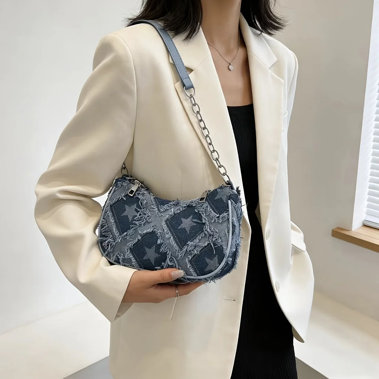 Retro Light Blue Star Small Tote Bag Handbag Adjustable Shoulder Strap Portable Daily Multi Functional Bag Fashion Accessories