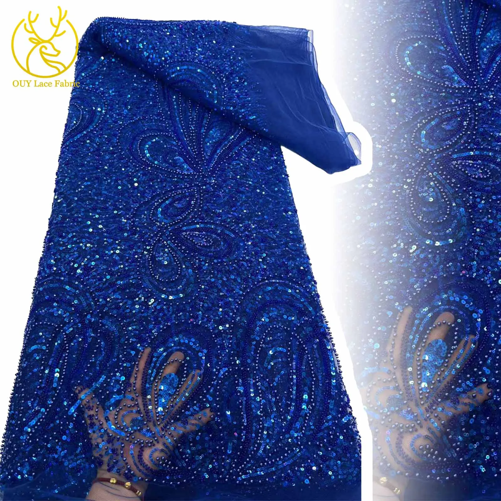 

Treasure Blue African Beaded Lace Fabric 2025 Newest Red French Sequins Mesh Tulle Lace Fabric For Women's Evening Gowns Sewing