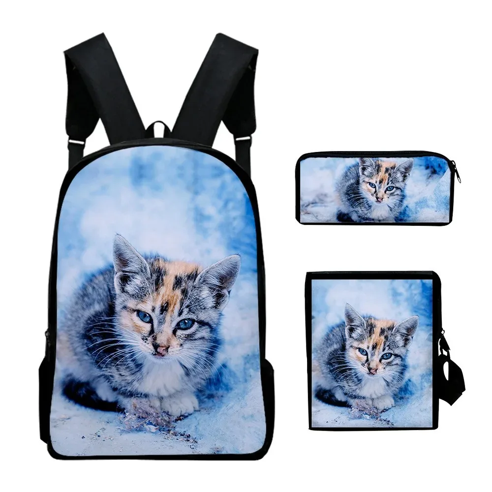 3D Cat Print School Bags, Harajuku, Aluno, Mochila Laptop, Mochila, Bolsa de Ombro Inclinada, Estojo Lápis, Popular, 3pcs por