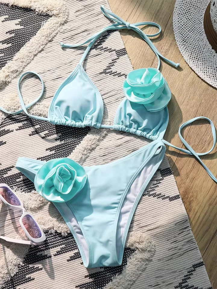 Vzvn Sexy Laced Up 3D Flower Bikinis Women Split Swimsuit Beach Vacation Bikini 2026 New All Season Backless Bikinis 2 Piece Set