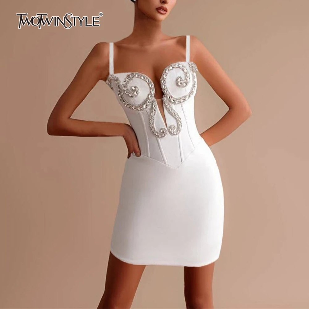 

TWOTWINSTYLE Solid Slimming Spliced Bead Elegant Dresses for Women V Neck Sleeveless Tunic Temperament Dress Female Clothing New