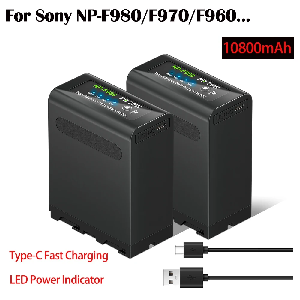 Batería NP F980 NP-F970 NPF960 de 10800mAh + Puerto de Carga USB PD20W Tipo-C para Sony PLM-100 CCD-TRV35 MVC-FD91 MC1500C F990 NPF750
