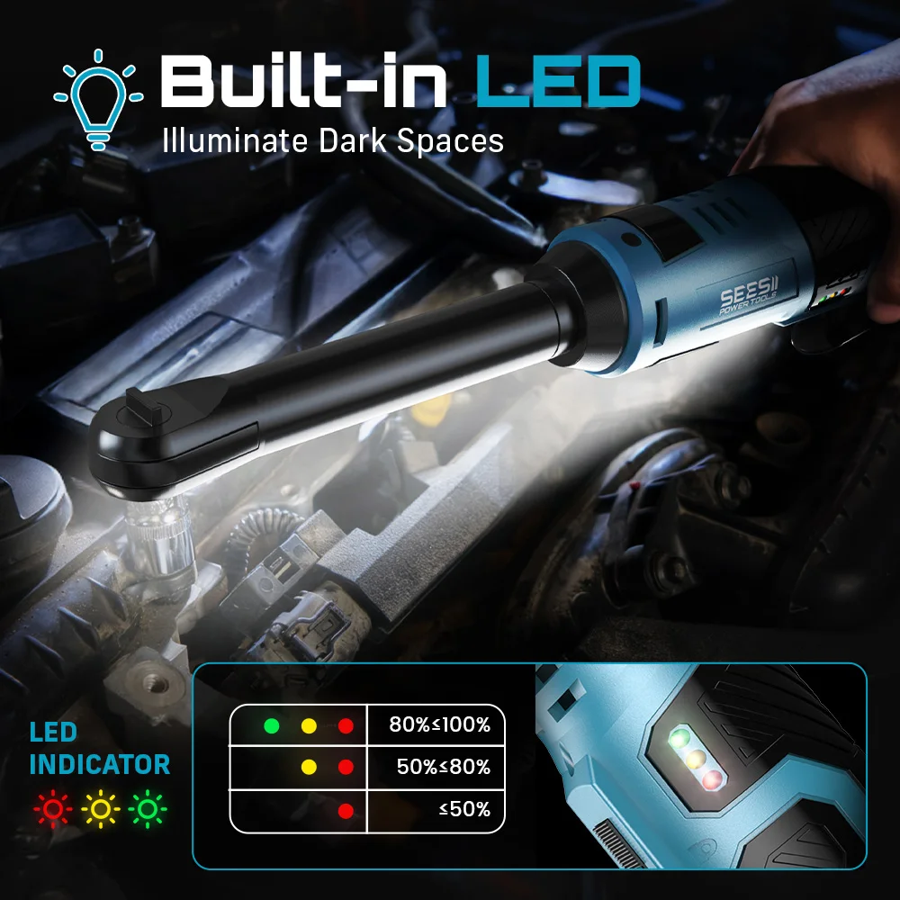 SEESII 3/8 "مفتاح ربط بسقاطة لاسلكي 55Nm مفتاح كهربائي مع 6" ممتد 12 فولت مفتاح ربط زاوية قابل لإعادة الشحن أدوات إصلاح السيارات الكهربائية #5