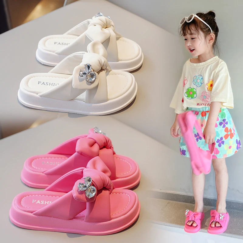 Girls Slippers Summer Outside Wear Pink Bow Rhinestone Girls Shoes Beige Soft Bottom Non-slip Fashion Children Sandals Slippers