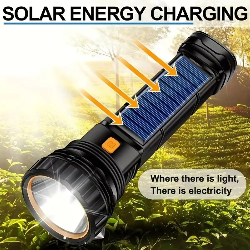 Ultra-Bright Solar Flashlight Focused Light COB Side Light Outdoor Strong Light Flashlight USB Rechargeable Long-Lasting