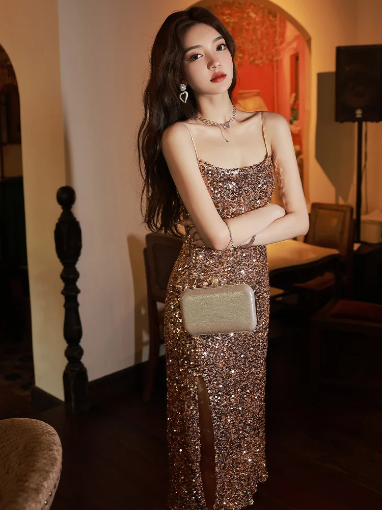 Sling Evening Dress, Banquet Style, High end, Light Luxury, Small Crowd Party, Celebrity, Small Figure, Sequins, High end Sense