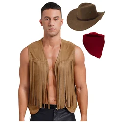 Mens Vintage Hip Vest Suede Fringed Jacket Sleeveless Waistcoat with Tassels Rivets Front Open Cowboy Costume Carnival Halloween