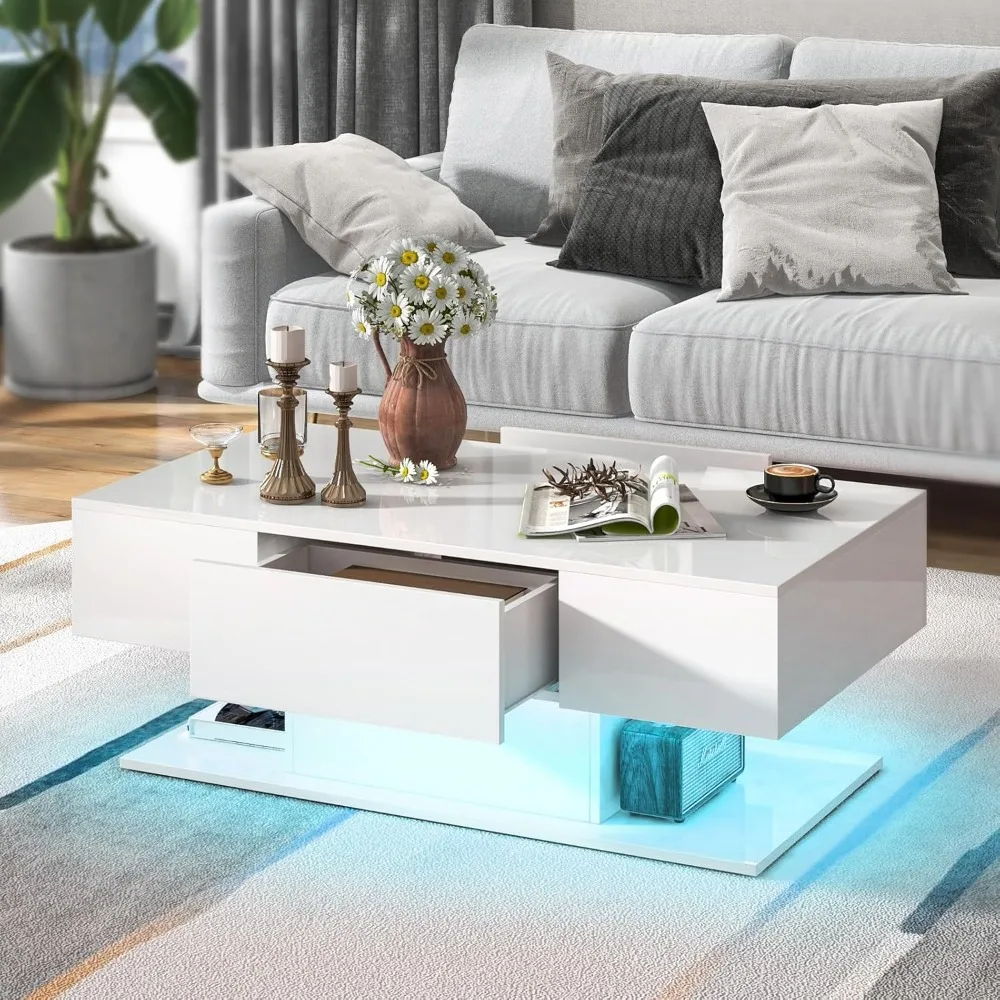 Modern LED Coffee Table with 2 Drawers, High Gloss Finish, 20-Color Dimmable Lights, Remote Control, 2-Tier Design