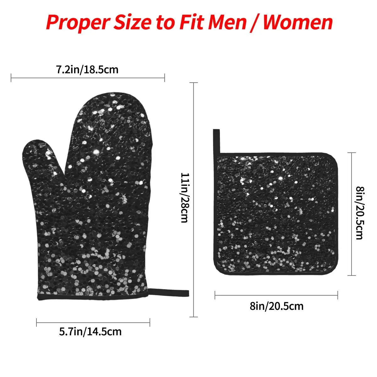 Black Glitter Look Chunky Sequin Oven Mitts and Pot Holder Sets of 4 for Baking Kitchen Cooking BBQ Resistant Non-Slip Gloves