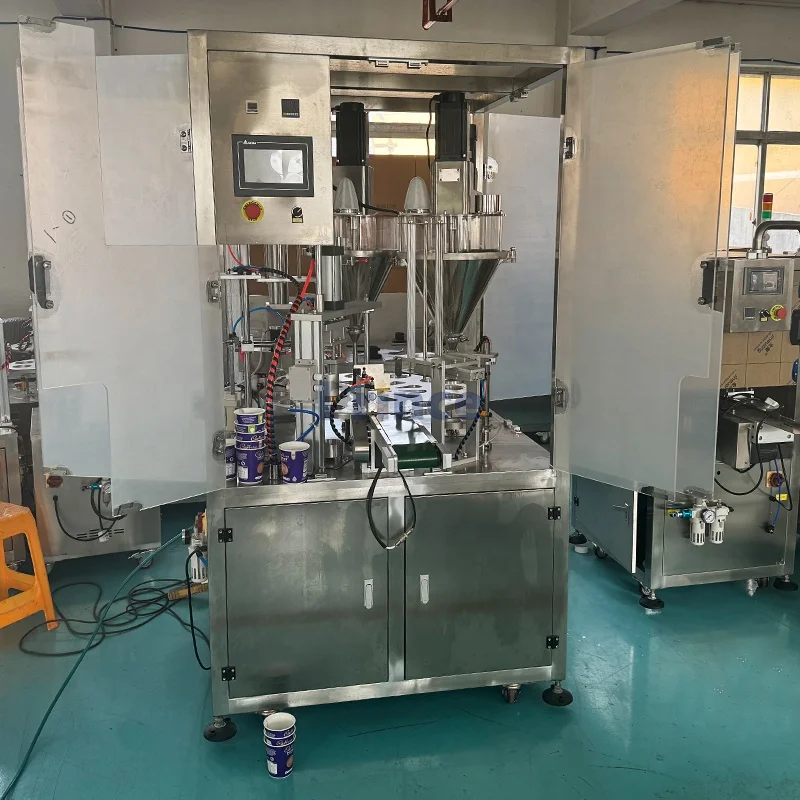 Automatic Coffee Cup Filling and Foil Sealing Machine Rotary Plastic Paper Hidden Cups Packing Packaging Machine with Filter