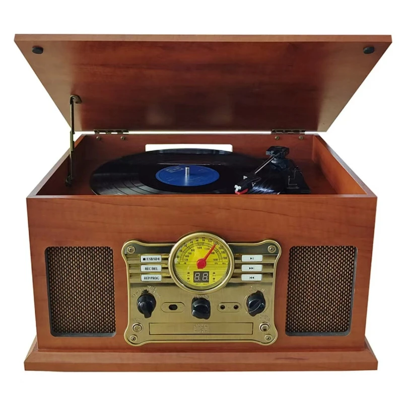 Retro gramophone, vinyl record player, old-fashioned record player,cassette player, radio all-in-one