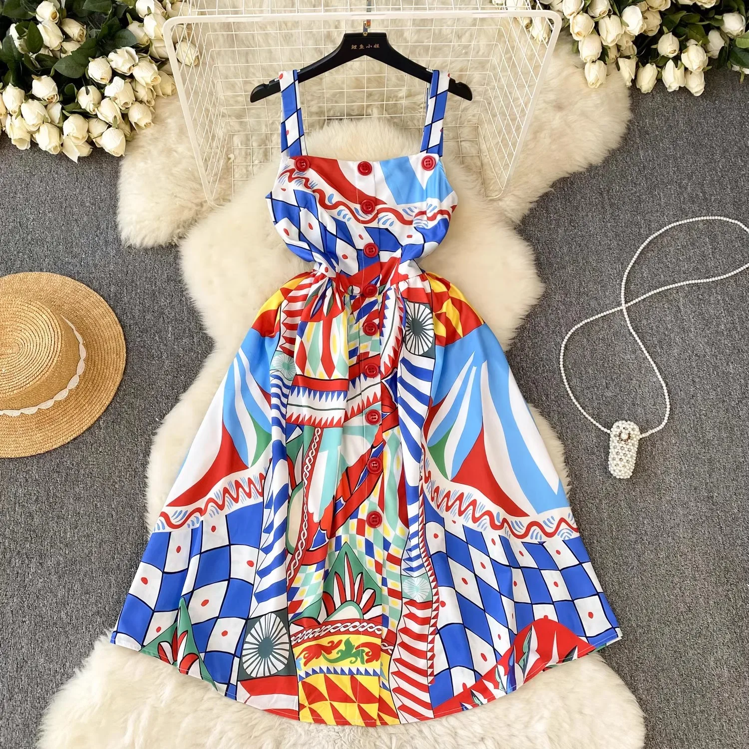 

Summer Holiday Runway Buttons Spaghetti Strap Dress Women's Slash Neck Colorblock Print Sleeveless Beach Sundress Party Vestidos