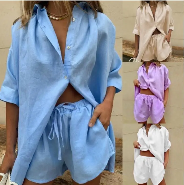 

Темпераментные пригородные женские однотонные однобортные рубашки с короткими рукавами, шорты, свободный модный повседневный костюм