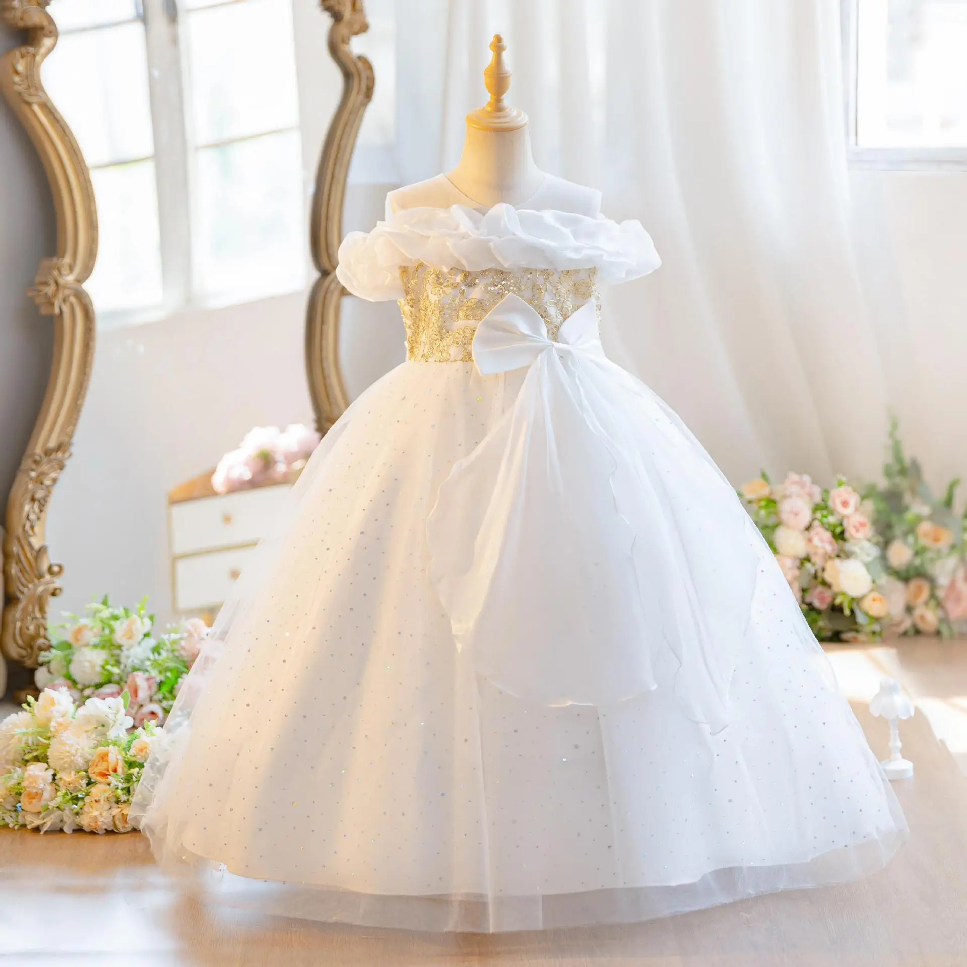 Off-shoulder Girls Party Dresses Elegant Piano Performance Sequin Big Bow Gown Girl Princess Dress Bridesmaid Wedding Costume