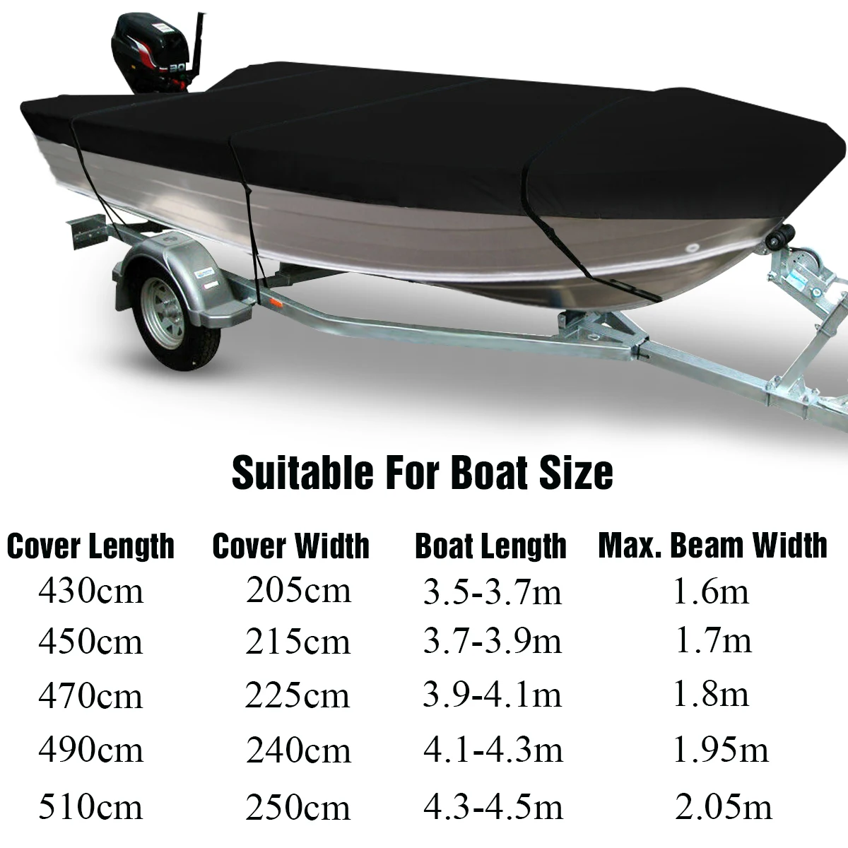 210D 3.5-4.5m Trailerable Heavy Duty Open Boat Cover Fishing Runabout Waterproof