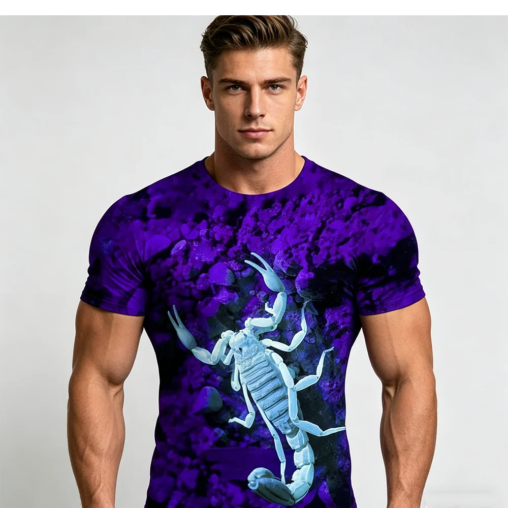 2026 New Men's Street Style, Animal Scorpion Crew Neck 3D Print Men's Sports Fitness Short-Sleeve T-Shirt Casual Top