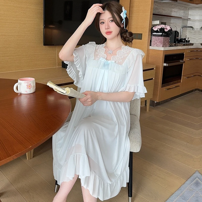 sexy cotton night dress 2025 New Summer Short Sleeve Sexy Lace Cotton Nightgowns for Women Korean  Cute Lace Sleepwear Night Dress Nightdress Home Nighty