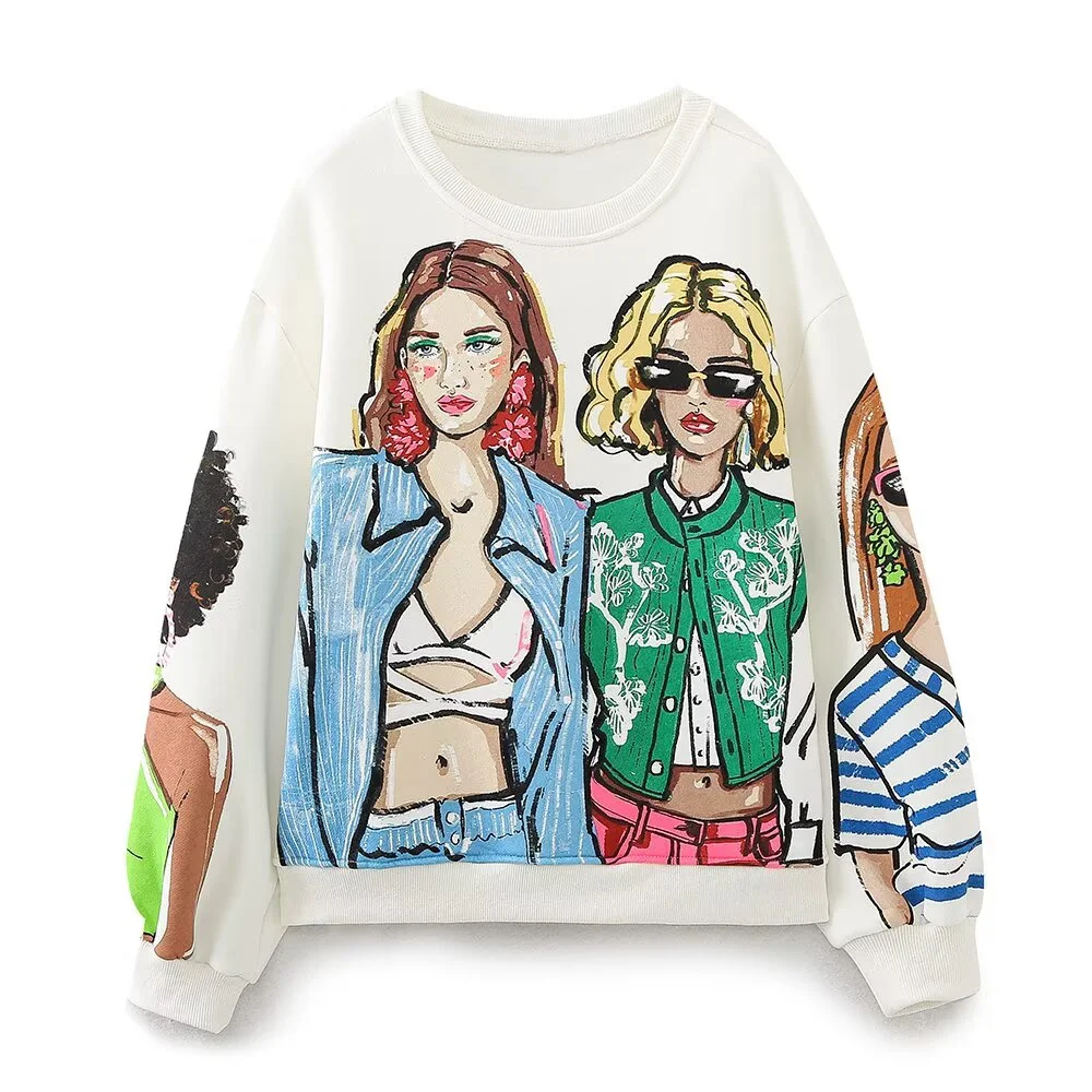 

2025 Winter New Women's Round Neck Long Sleeve Versatile Loose Casual Fashion Top Girl Printed Sweatshirt