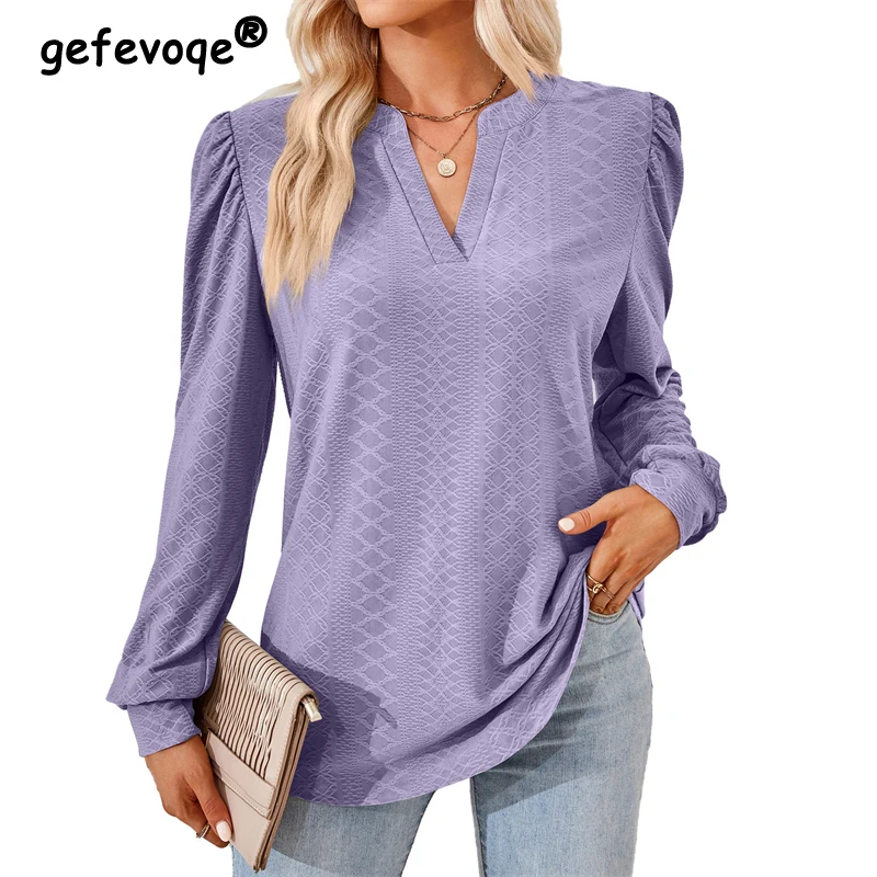 

Women's Fashion Embroidery V Neck Long Sleeve Streetwear T-shirts 2023 Spring Autumn Casual Solid Loose Tunic Tops Ropa De Mujer