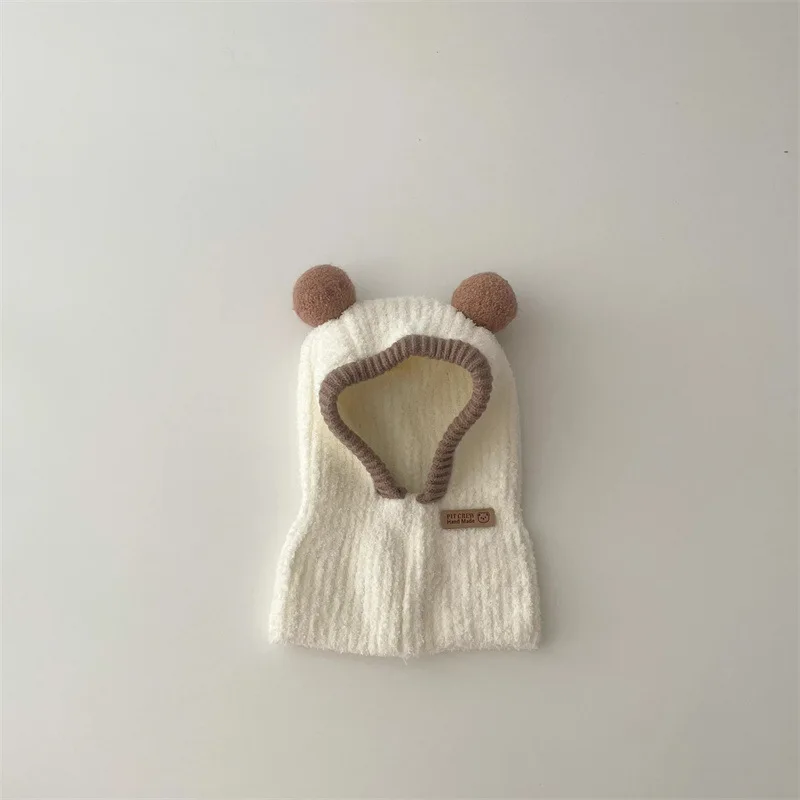 Baby Hood One Piece Scarf Cap Winter Warm Knitted Ear Protection Balaclava Hat Solid Color Windproof Infant Headgear Bonnet