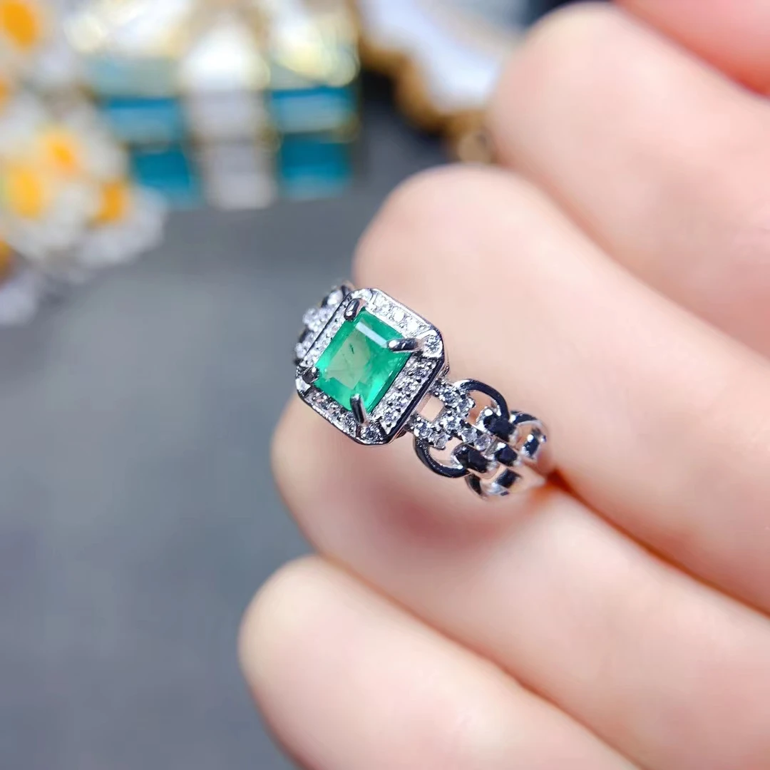 Fashion 925 Silver Chain Ring 5mm*6mm Natural Colombia Emerald Ring with Gold Plated Sterling Silver Emerald Jewelry