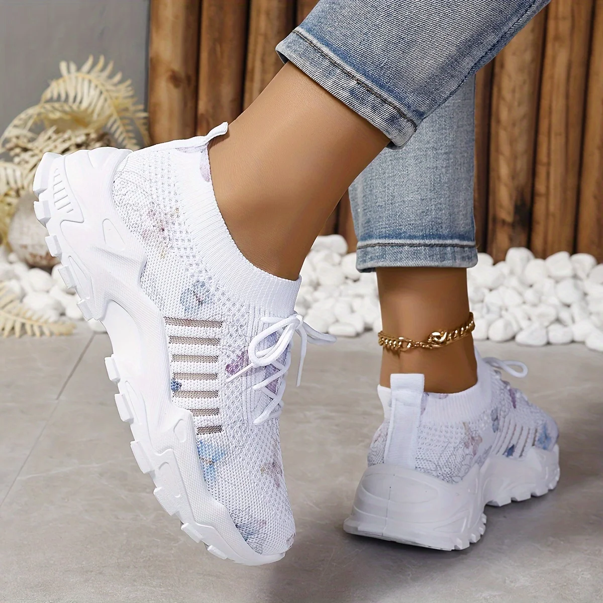 Atmungsaktive Damen-Mesh-Sneaker mit Schmetterlingsdruck, niedrig geschnitten, zum Schnüren, runde Zehenkappe, Freizeitschuhe