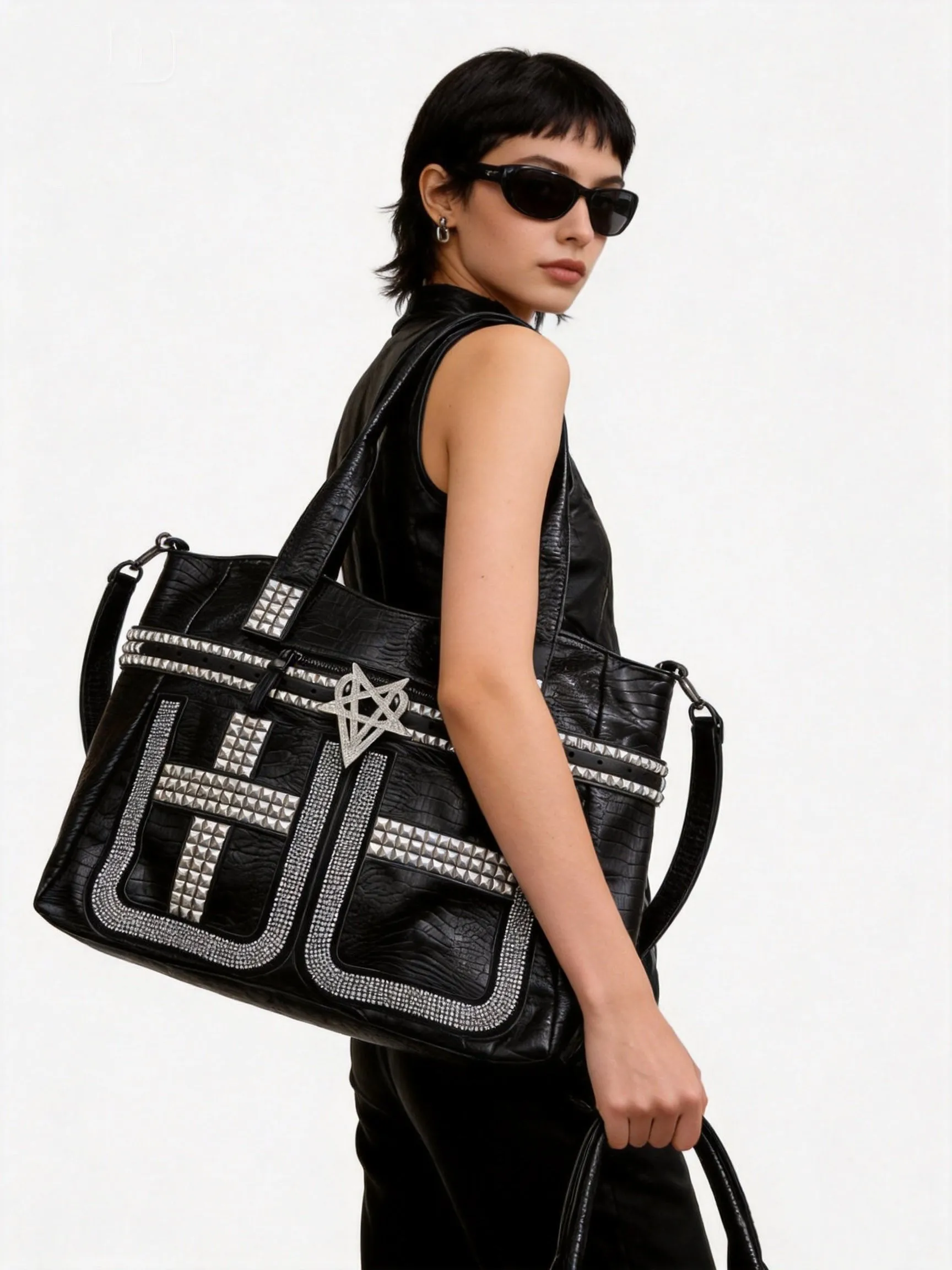 Original design flash diamond cross rivet tote bag subculture large capacity light punk underarm bag