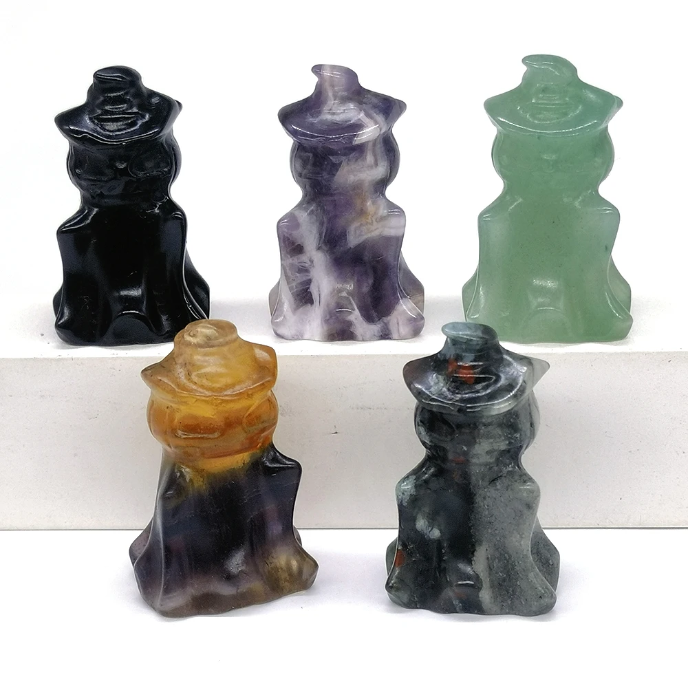 

1.5" Pumpkin Ghost Statue Natural Crystals Stones Amethyst Quartz Fluorite Ornament ,Reiki Healing Home Decor for Halloween Gift