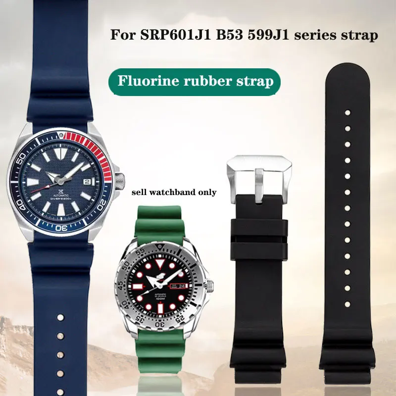 For Seiko Red Teeth Water Ghost/Small MM Can SRP601J1/B53 599J1 Series Fluorine Rubber Watch strap  20mm/22mm