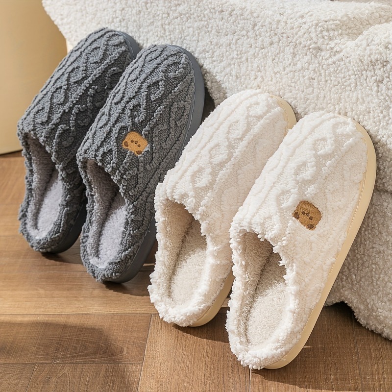  Solid Color Minimalist Bear Striped Print Warm Slippers Soft Comfortable Unisex Indoor Home Shoes for Women Men Couples 