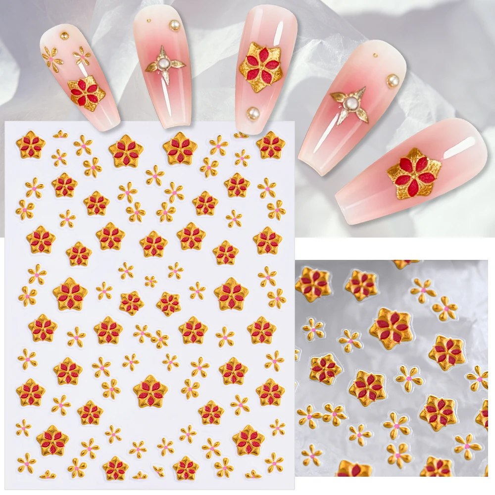 1 stücke Gold Fünf-blütenblatt Blume Nagel Aufkleber 3D Metall Glitter Blüte Fünfzackigen Stern Geformt Nagel abziehbilder DIY Herbst Nagel Dekor