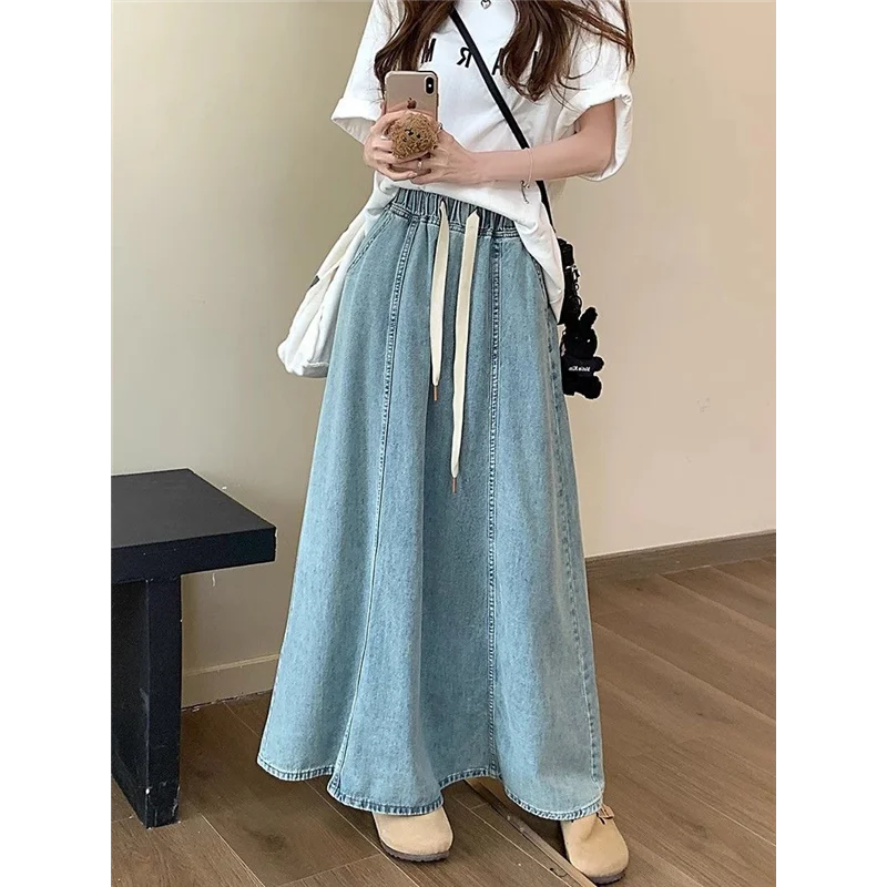 

Retro Elastic Waist Drawstring A-Line Denim Skirt Women plus Size Trendy Midi Skirts Korean Style High Waist Polyester Fiber