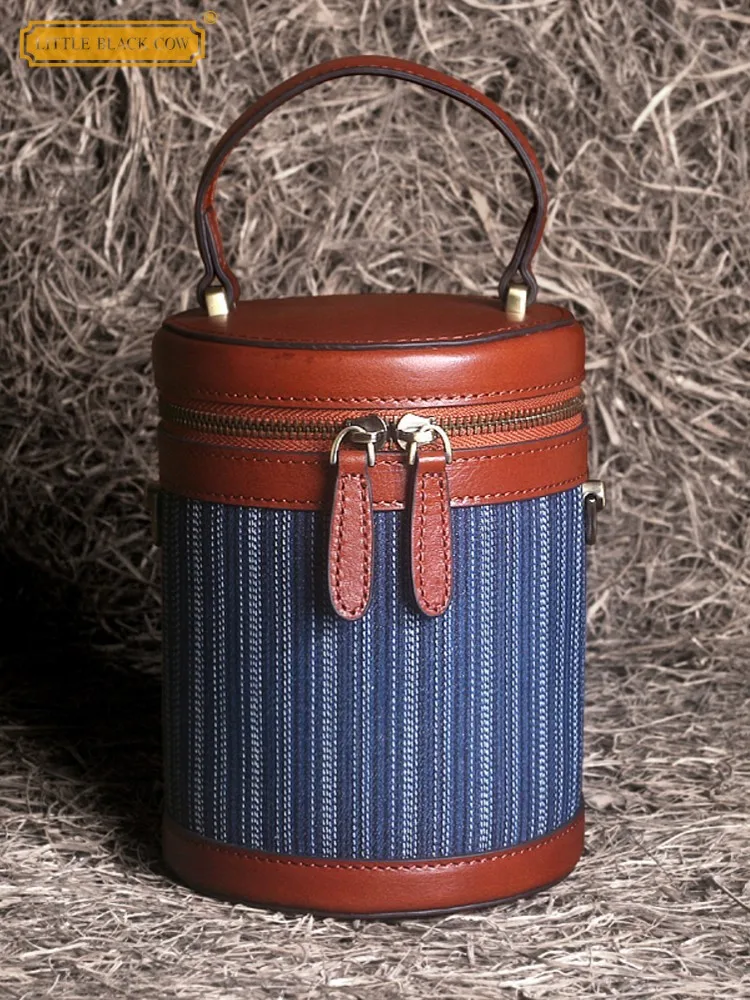 

Women Office Cowskin Spliced Denim Bucket Bag Fashion Tote Handbag Zipper Ladies Crossbody Bags Designer Single Shoulder Bag