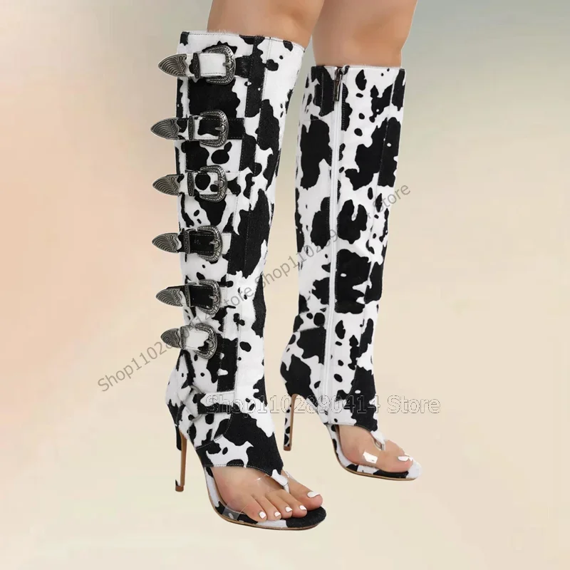 

Dairy Cow Print Buckle Decor PVC Flip Flop Sandals Boots Side Zipper Women Shoes Thin High Heels Novel 2025 Zapatos Para Mujere