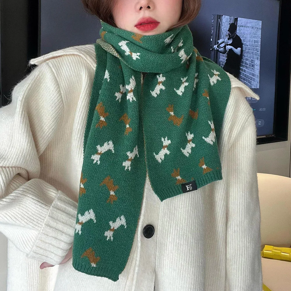 Fashion Cute Puppy Pattern Scarf For Men Women Winter Thickening Warm Soft Knitting Wool Neckerchief Christmas New Year Gifts