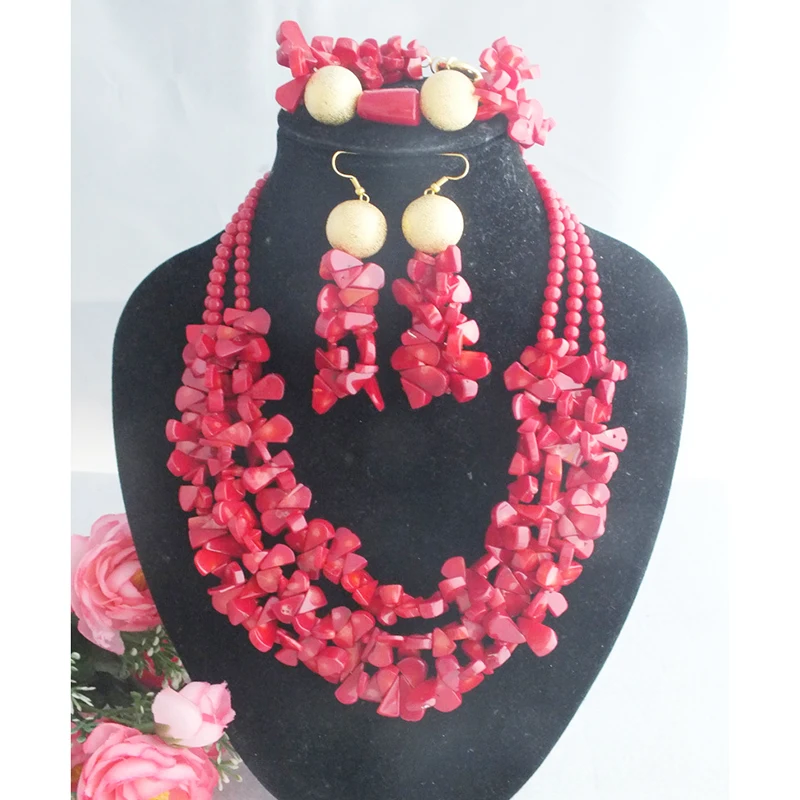 Fashion African Wedding Women Red Coral Beads Bridal Jewelry Sets Necklace Bracelet And Earrings  21