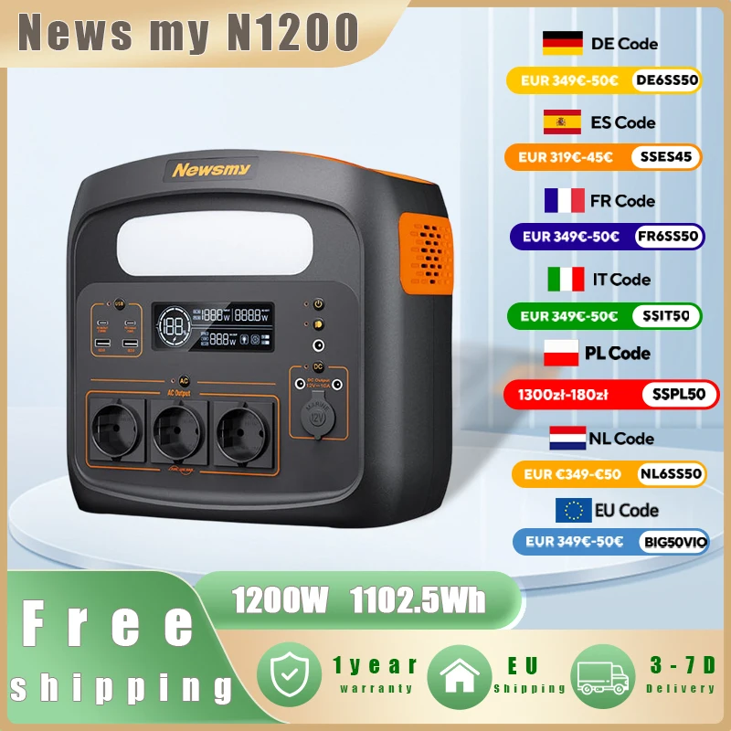 Newsmy N1200 1200W Tragbare Powerstation 1102,5Wh Große Kapazität Outdoor-Solargenerator Reine Sinuswelle AC DC USB PD Schnellladung Tragbare Energiespeicher-Stromversorgung für Camping Wohnmobil