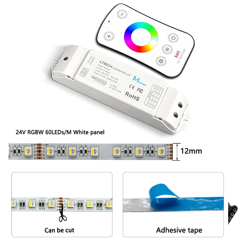 5meter(IP20) LED RGBW Strip With M4 Remote &M4-5A Wireless Receiver;12V 24V Input;5A*4CH Output LED RGB RGBW Controller