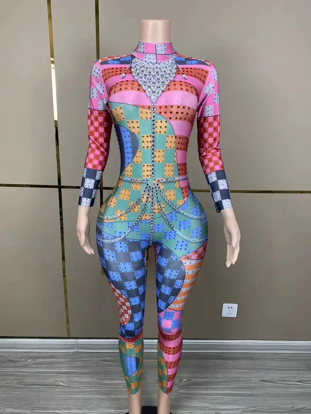 

Sexy Stage Silver Crystals Colorful Spandex Jumpsuit Women Nightclub Birthday Celebrate Party Outfit Performance Dance Leggings