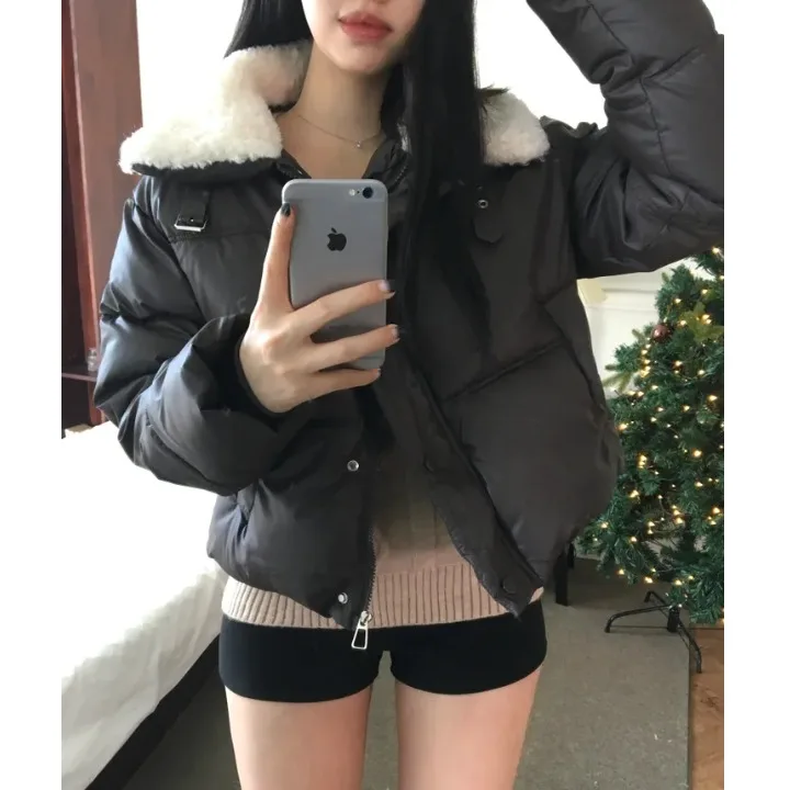 

Корейская черная готическая хлопковая куртка с воротником-стойкой из овечьей шерсти для женщин, утолщенная свободная осенне-зимняя модная винтажная куртка