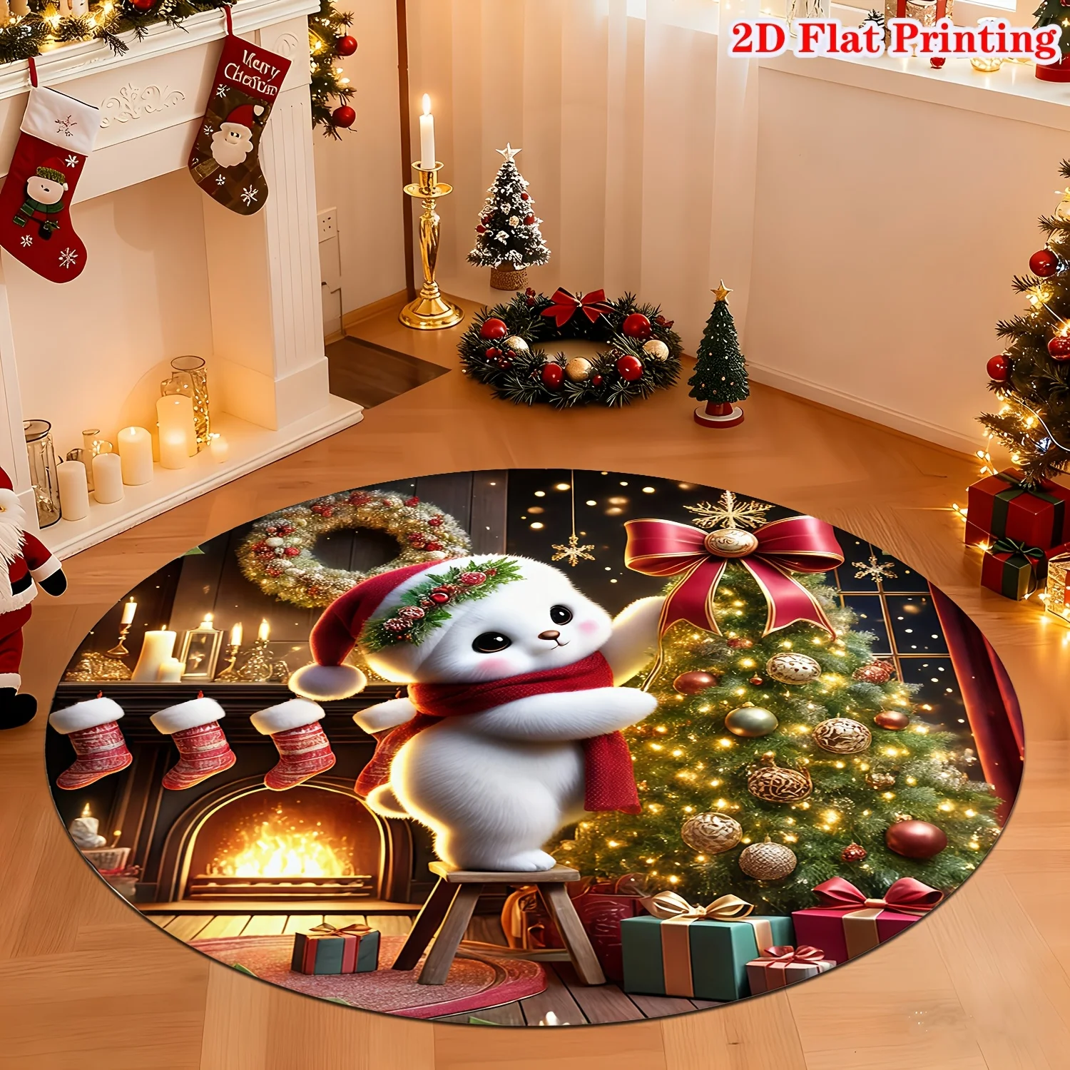 1pc Cute Bear Santa‑Hat Christmas Round Area Rug, Indoor & Outdoor Comfortable Floor Mat for Kitchen, Home, Office, Laundry Room