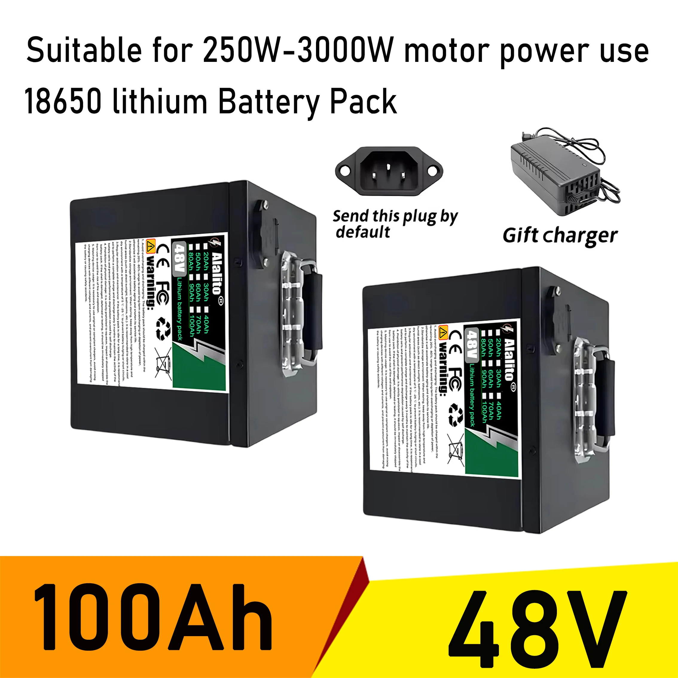 18650 리튬 이온 배터리, 48V20Ah-100Ah, 내장형 BMS+충전기, 24시간 이내 배송, 3000W 미만 모터에 적합