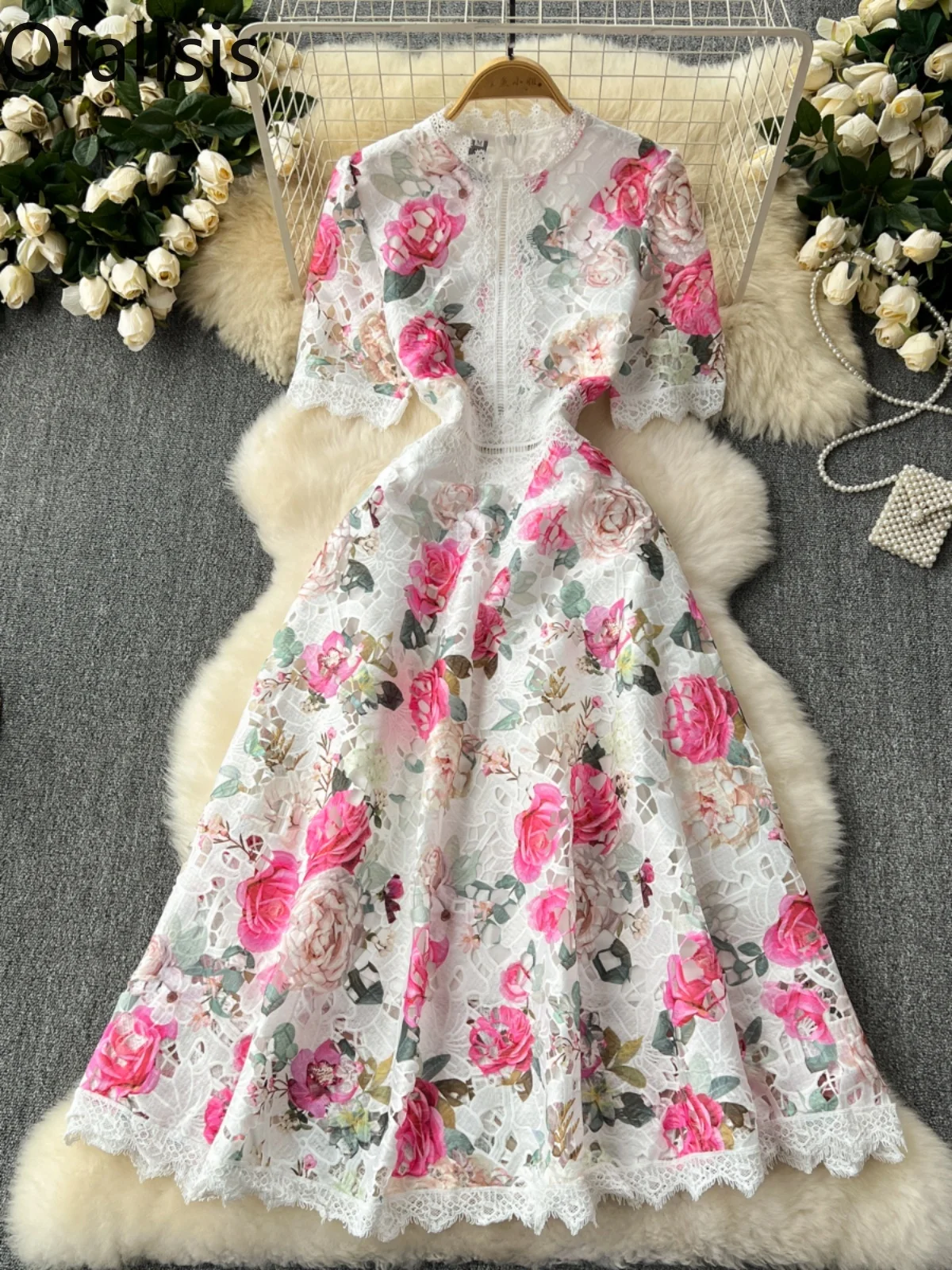 Ofallsis High End Lace Stitching Floral Printed Dress Women's 2024 Summer New French Retro Elegant Lace Patchwork Print Dresses