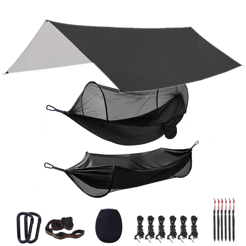 Hamaca portátil de paracaídas para acampar al aire libre con mosquitera y lona para moscas de lluvia de 118x118 pulgadas, columpio de hamacas con