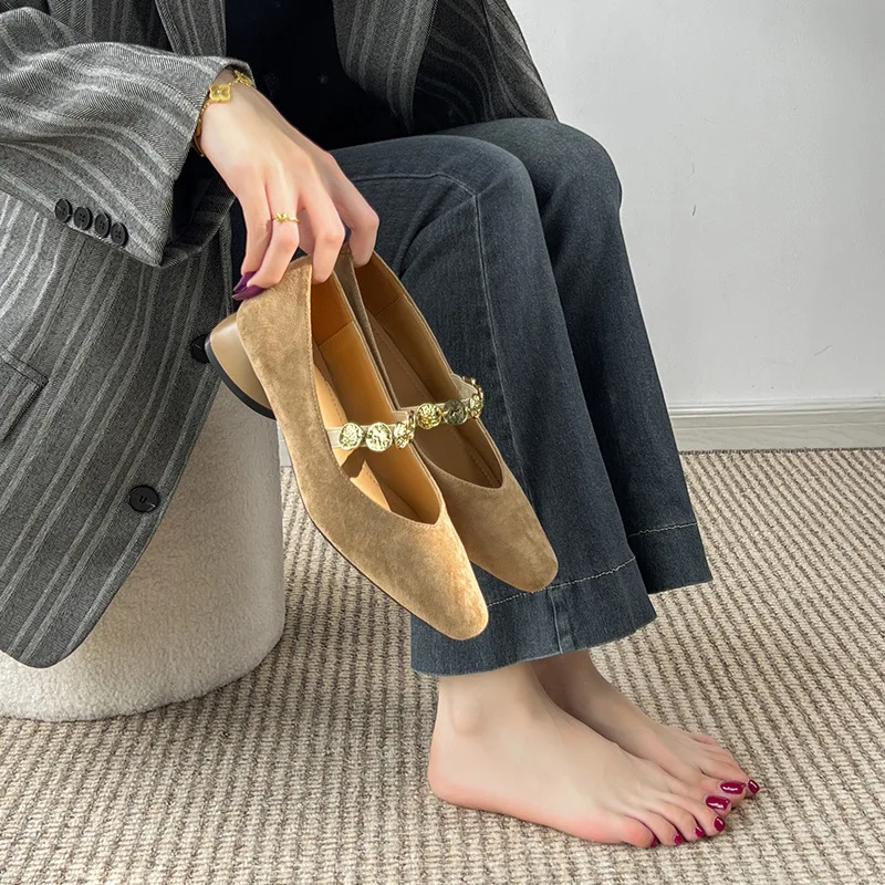 Brown Suede Shallow Women Flats Square Toe Metal Chains Spring Mary Jean Single Shoes Khaki Party Sapatos Femininos Espadrilles