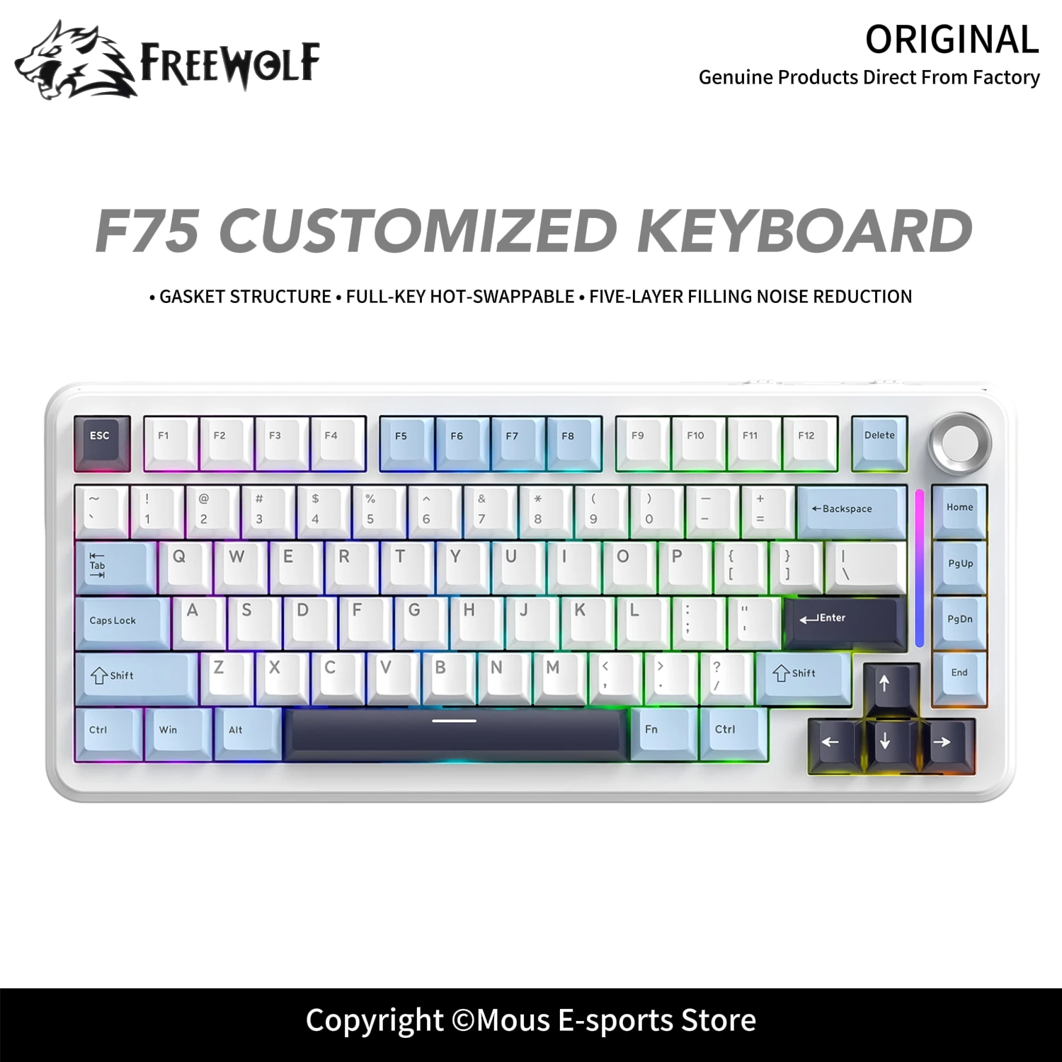 

F75 FREEWOLF 75% Custom Gaming Keyboard PC Grooved Positioning Plate Metal Knob PBT Keycap Full Key Hot Swap for E-Sports